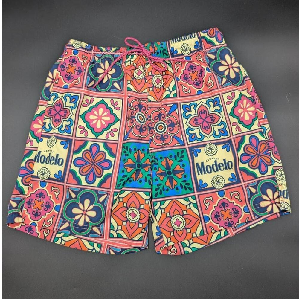 Modelo Swim Trunks Mens Medium Multicolor Geometric Mesh Lining Pockets Preppy